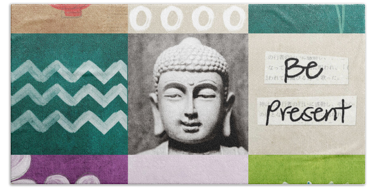 Buddha Hand Towel featuring the mixed media Be Present by Linda Woods
