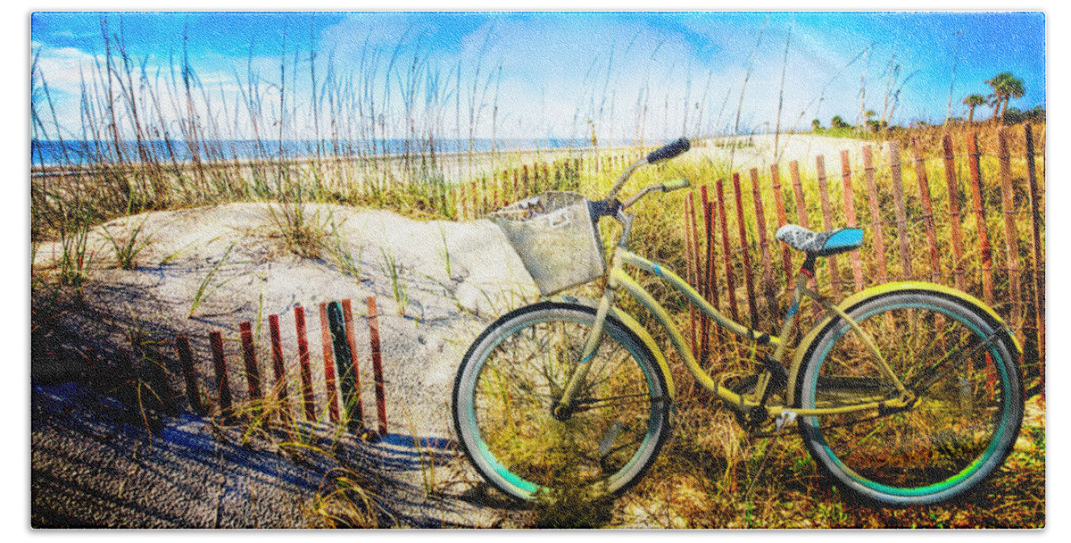 Clouds Bath Towel featuring the photograph Beach Bike at the Dunes by Debra and Dave Vanderlaan