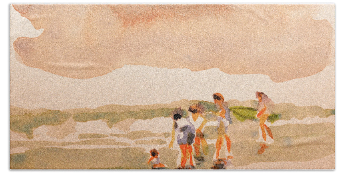 Beach Art Bath Towel featuring the painting Beach family day by Julianne Felton