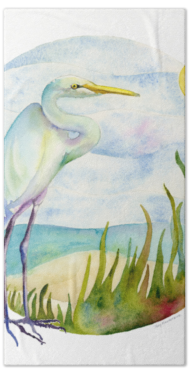 White Bird Hand Towel featuring the painting Beach Heron by Amy Kirkpatrick