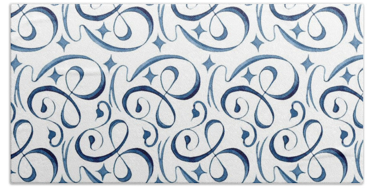 Indigo Blue Bath Towel featuring the painting Beach House Indigo Star Swirl Scroll Pattern by Audrey Jeanne Roberts