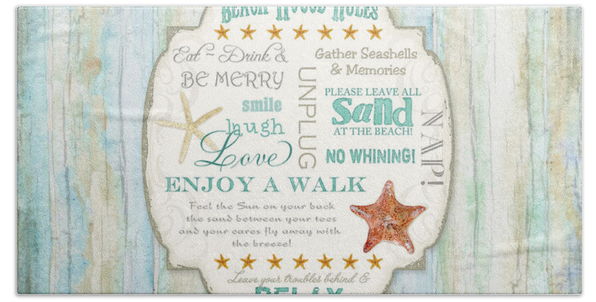 Beach House Rules Hand Towel featuring the painting Beach House Rules - Refreshing Shore Typography by Audrey Jeanne Roberts