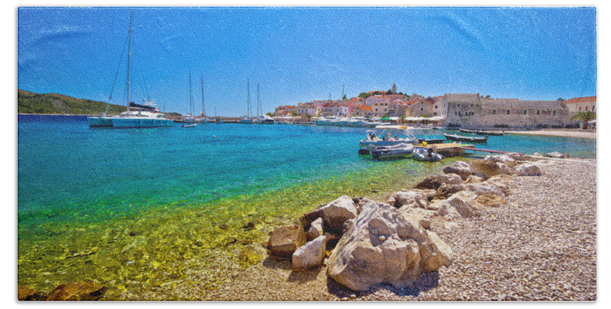 Croatia Bath Towel featuring the photograph Beach of Adriatic town Primosten by Brch Photography