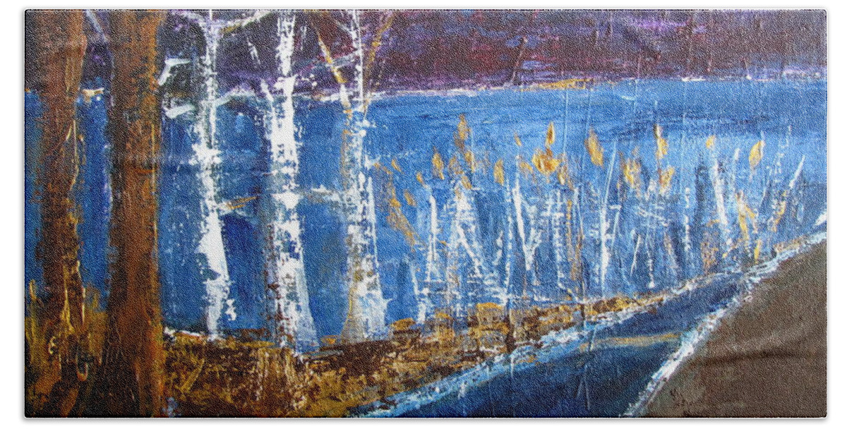 Night Scene Bath Towel featuring the painting Beach Path at Night by Betty Pieper