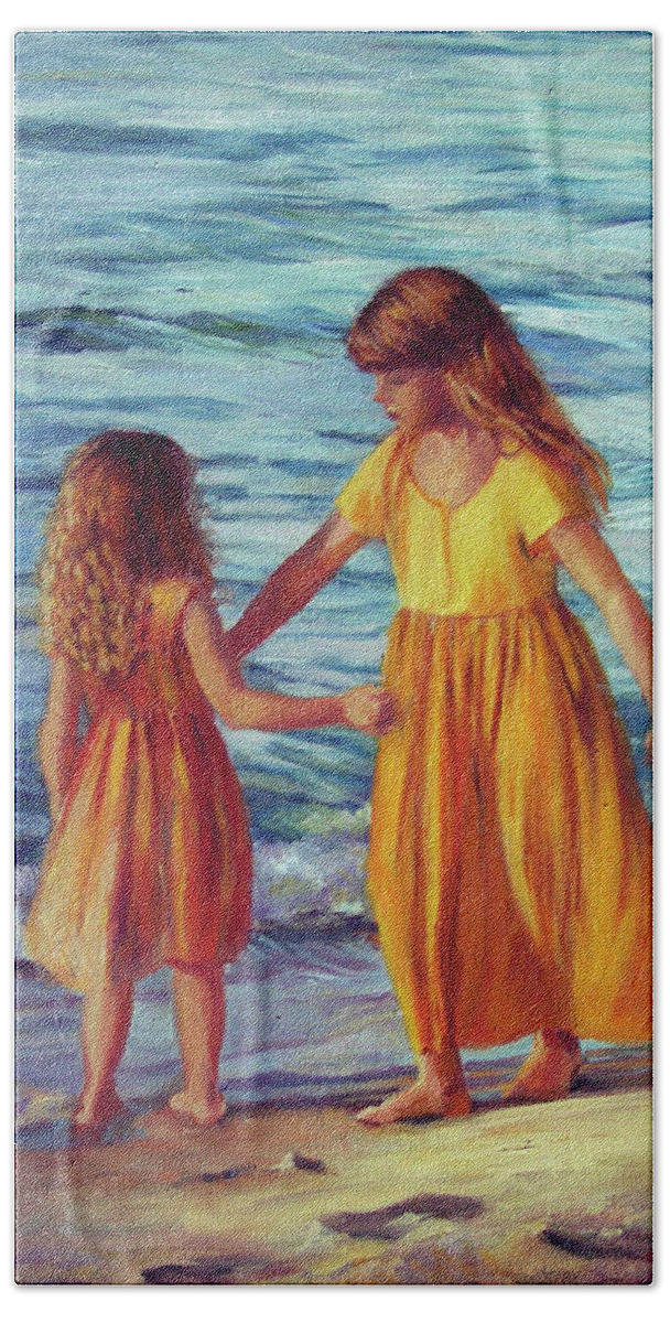 Two Sisters Bath Towel featuring the painting Beach Play by Marie Witte
