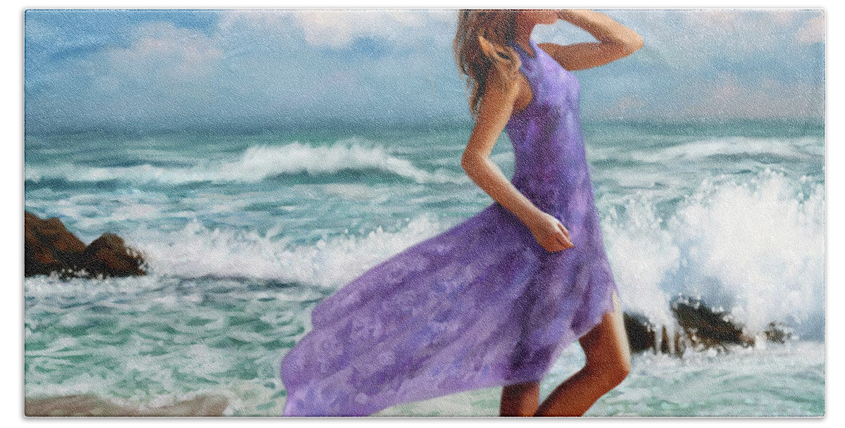 Beach Stroll Walking Surf Girl Bath Towel featuring the mixed media Beach Stroll by Murry Whiteman