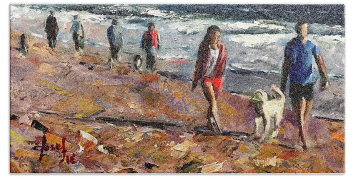 Beach Bath Towel featuring the painting Beach Walk Time by Josef Kelly