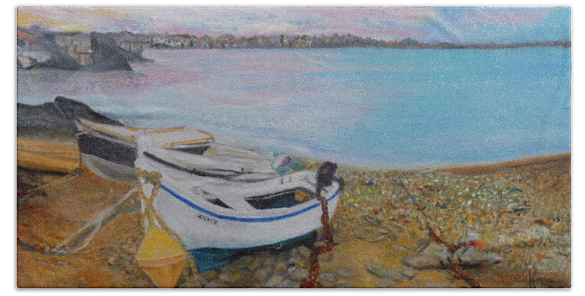 Seaside Hand Towel featuring the painting Beached Boats by Kathy Knopp