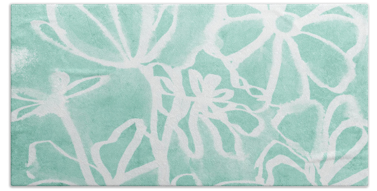 Aqua Bath Towel featuring the mixed media Beachglass and White Flowers 2- Art by Linda Woods by Linda Woods