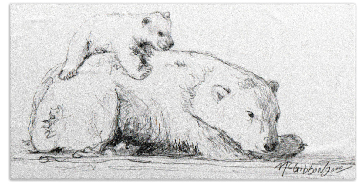 Polar Bear And Cub Bath Towel featuring the drawing Bear and Cub by Dan McGibbon