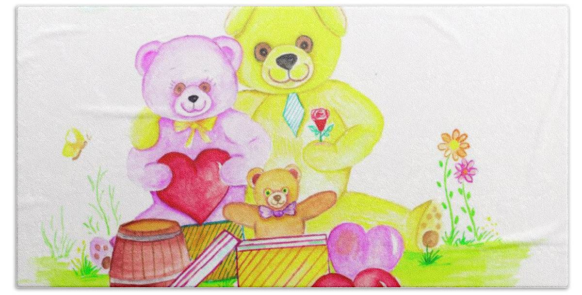 Bear Family Bath Towel featuring the painting Bear Family by Sudakshina Bhattacharya
