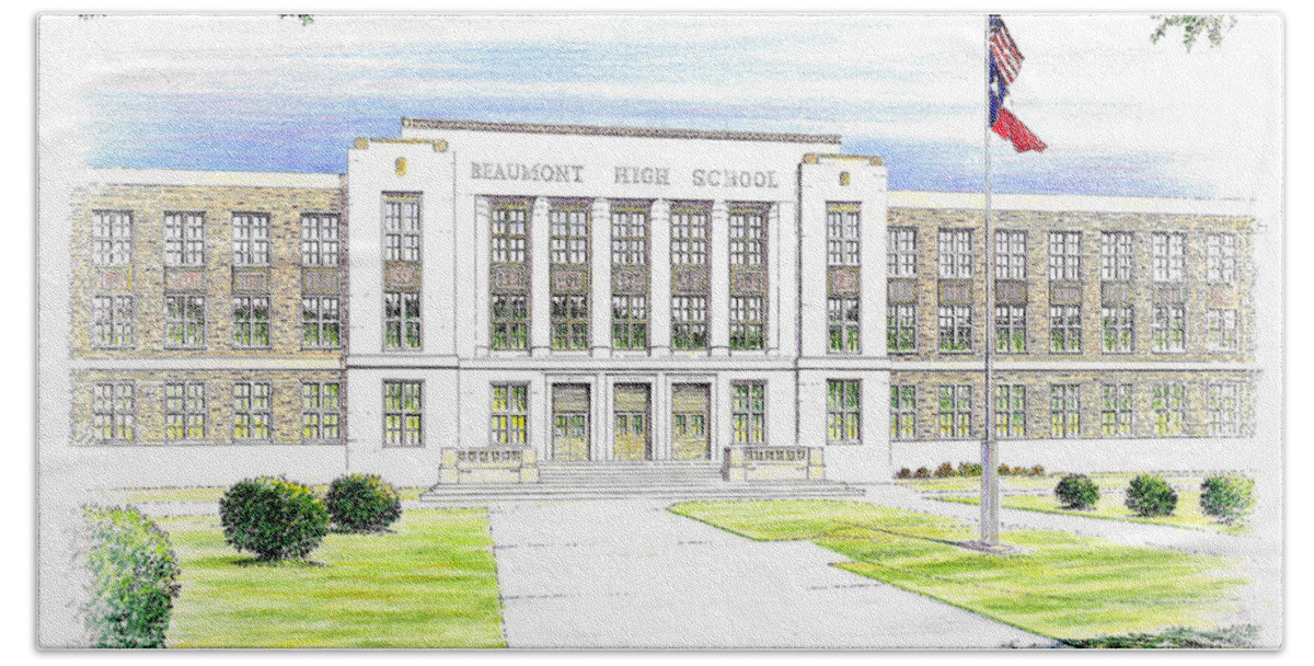 Beaumont High School Hand Towel featuring the drawing Beaumont High School by Randy Welborn