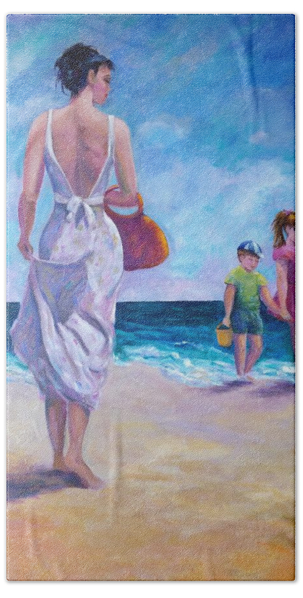 Beautiful Woman Hand Towel featuring the painting Beautiful Day at the Beach by Rosie Sherman