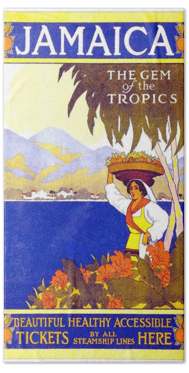 Jamaica Hand Towel featuring the painting Beautiful Jamaican Landscape Illustration - Vintage Travel Poster - Gem of the Tropics by Studio Grafiikka