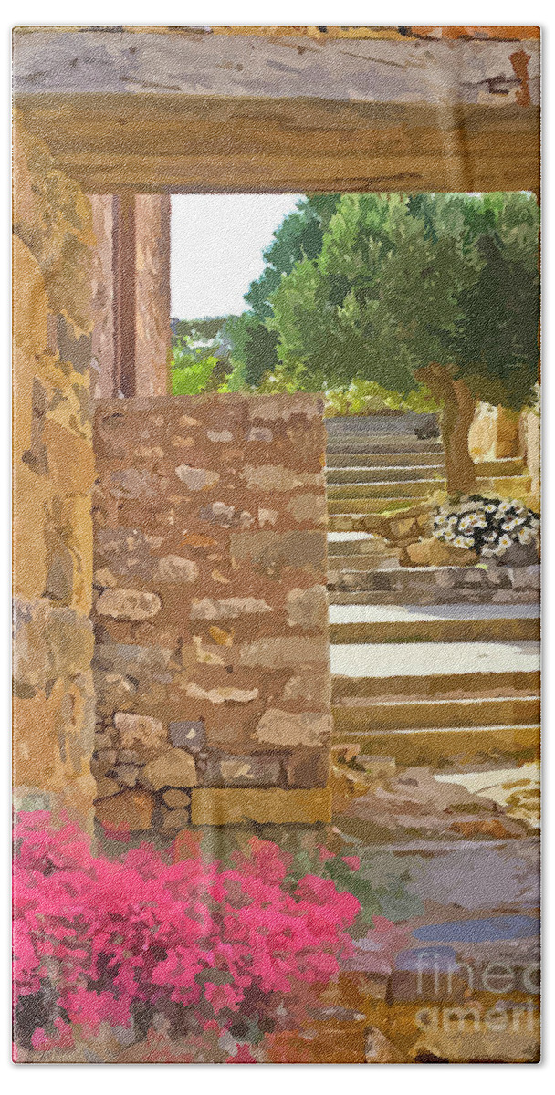 Pink Bougainvillea Hand Towel featuring the mixed media Beautiful Mediterranean Doorway by Clive Littin
