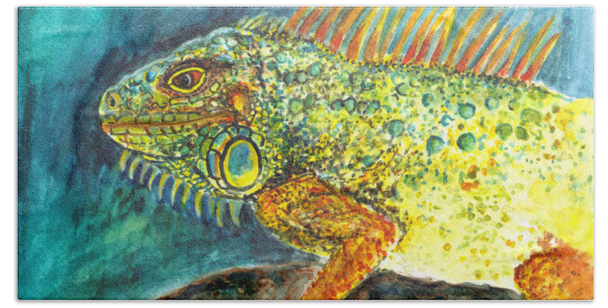 Iguana Hand Towel featuring the painting Beautiful monster by Clara Sue Beym