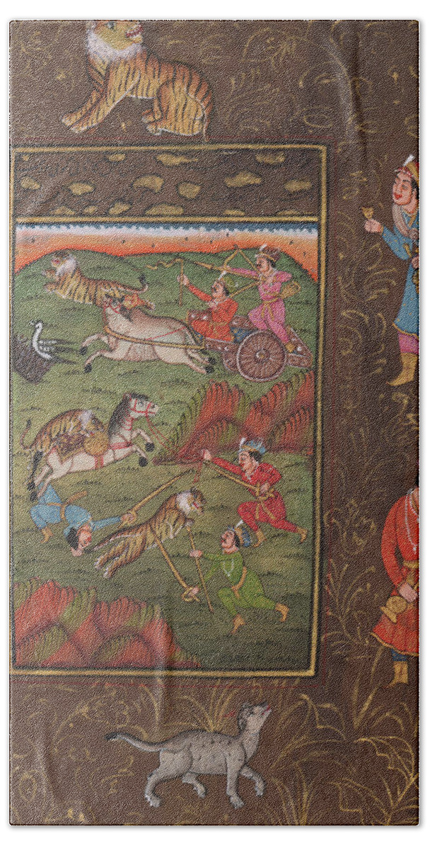 Beautiful Mughal Painting Hunting Scene Special Double Painting Lion Forest Cat Gold Leaf Work Antique Vintage Indian Miniature Painting Bath Towel featuring the painting Beautiful Mughal painting Hunting Scene Lion Forest Cat Indian Miniature Watercolor Painting by M B Sharma