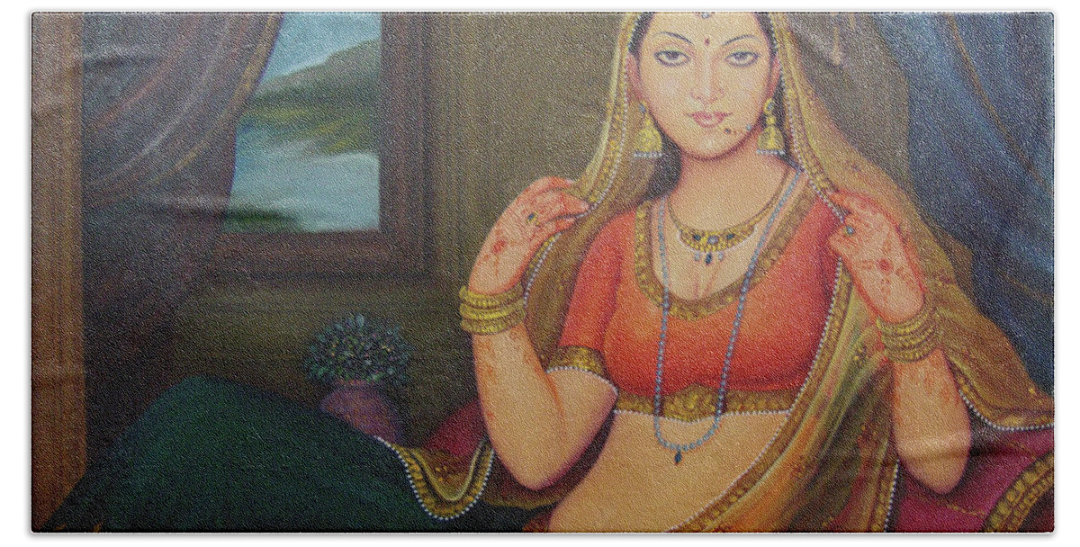 Beautiful Rajasthani Priness Gorgeous Looking Indian Traditional Canvas Oil Painting Bath Towel featuring the painting Beautiful Rajasthani Priness Gorgeous Looking Indian Traditional Canvas Oil Painting by M B Sharma