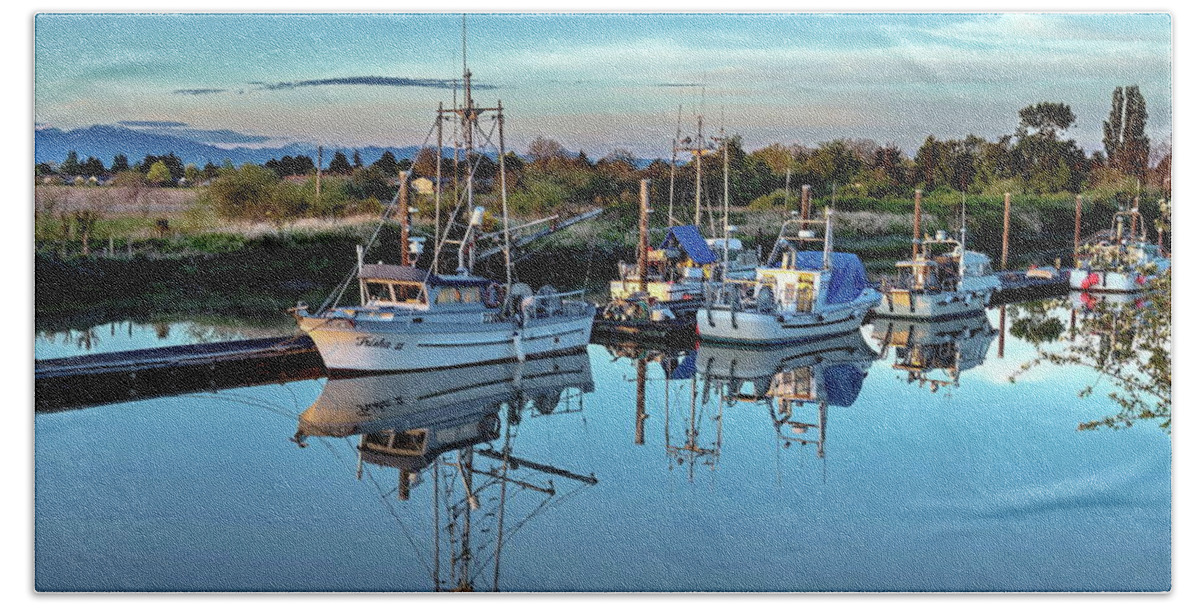 Alex Lyubar Hand Towel featuring the photograph Beautiful reflection of Fishing Boats by Alex Lyubar