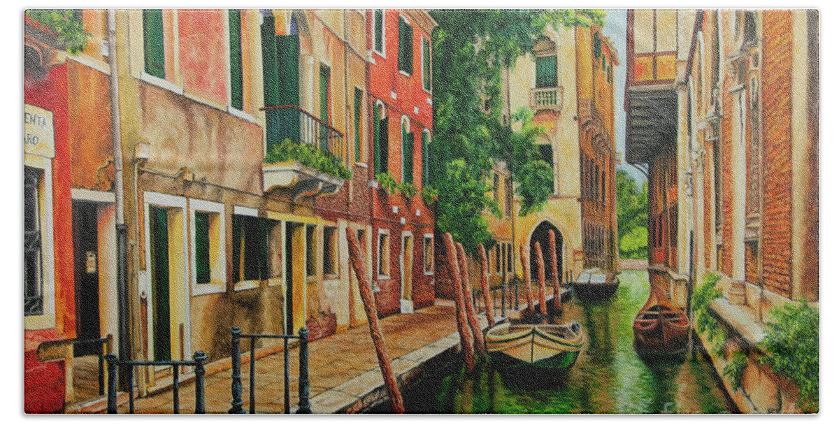 Venice Canal Bath Towel featuring the painting Beautiful Side Canal In Venice by Charlotte Blanchard