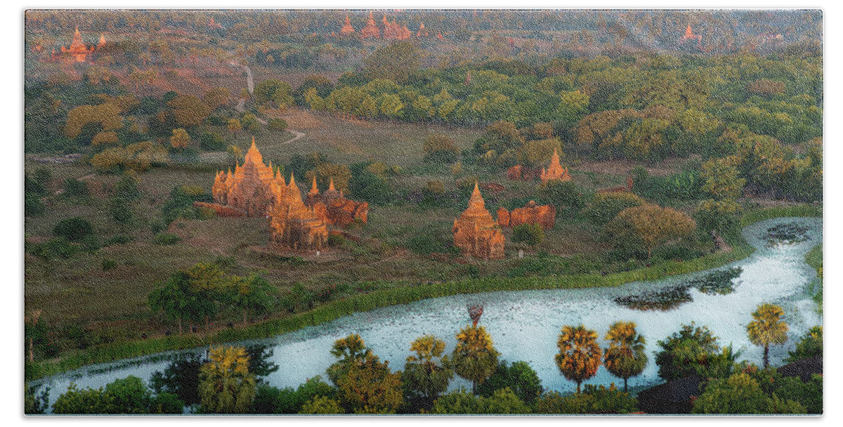 Lights Bath Towel featuring the photograph Beautiful sunrise in Bagan by Pradeep Raja Prints