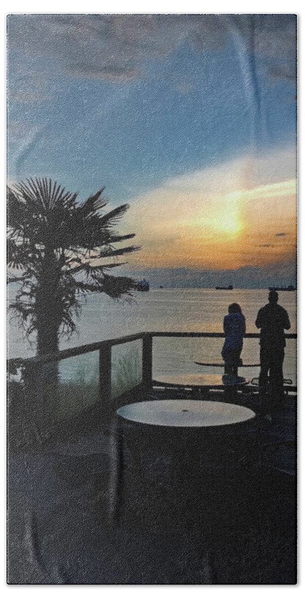 Alex Lyubar Bath Towel featuring the photograph Beautiful sunset on the waterfront. by Alex Lyubar