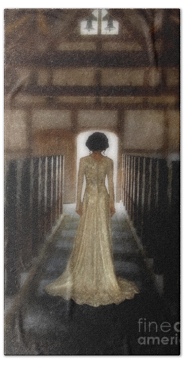Woman Bath Towel featuring the photograph Beautiful Woman in Lace Gown in an old Rural Chapel by Jill Battaglia