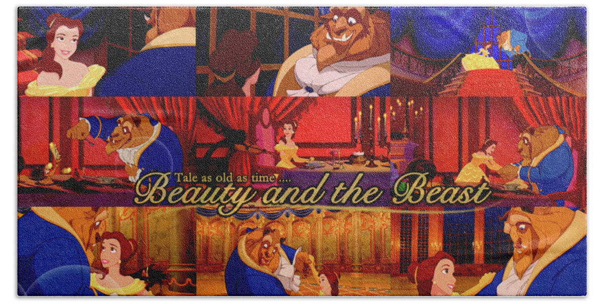 Beauty And The Beast Bath Towel featuring the digital art Beauty And The Beast by Super Lovely