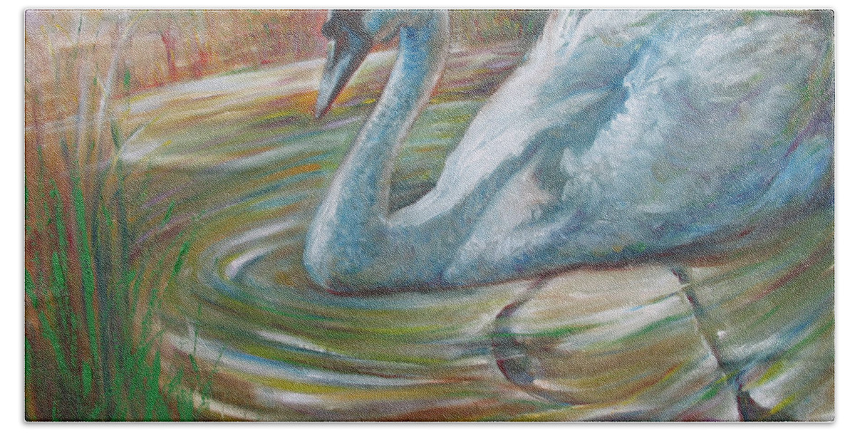 Swan Bath Towel featuring the painting Beauty in The Battle by Sukalya Chearanantana