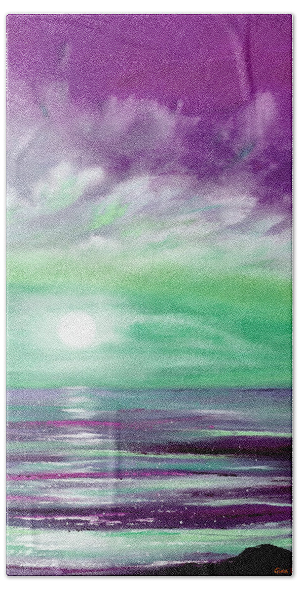Sunset Hand Towel featuring the painting Because You Deserve Color - Vertical Purple and Green Sunset by Gina De Gorna