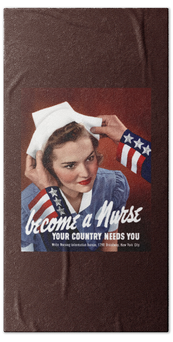 Uncle Sam Hand Towel featuring the painting Become A Nurse -- WW2 Poster by War Is Hell Store