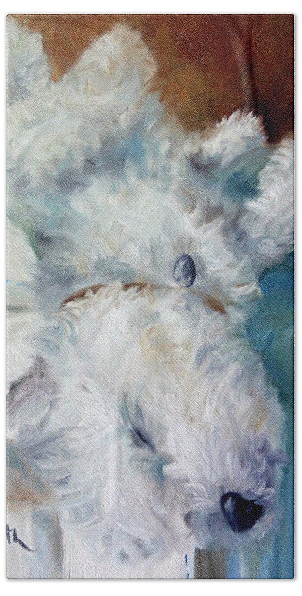 Westie Bath Towel featuring the painting Bed Hog by Mary Sparrow