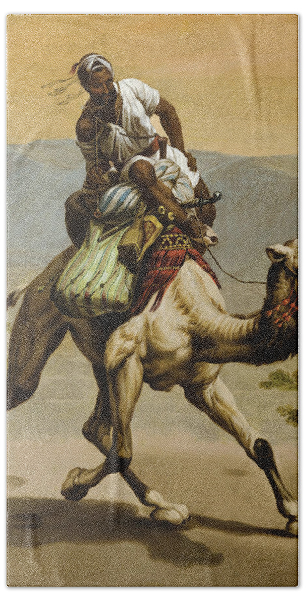 Ippolito Caffi Bath Towel featuring the painting Bedouin on a Camel by Ippolito Caffi