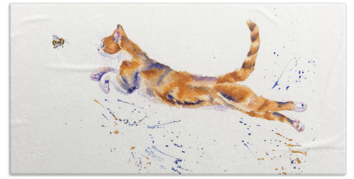 Cat Bath Towel featuring the painting Bee Airborne - Leaping Cat by Debra Hall