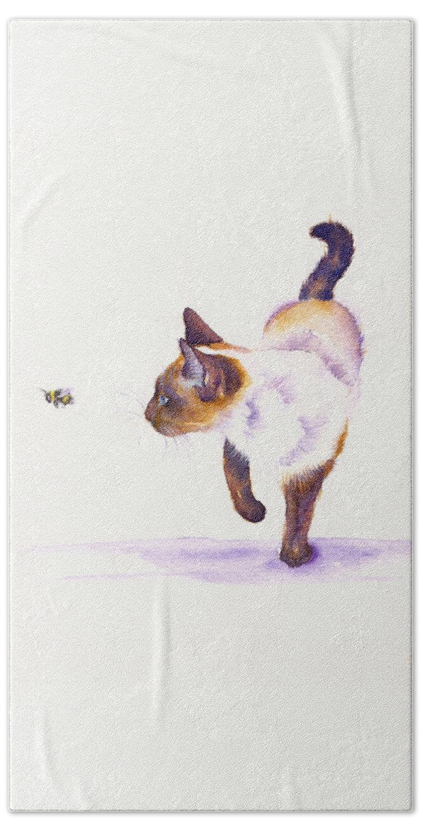 Cat Hand Towel featuring the painting Prowling Cat - Bee Free by Debra Hall
