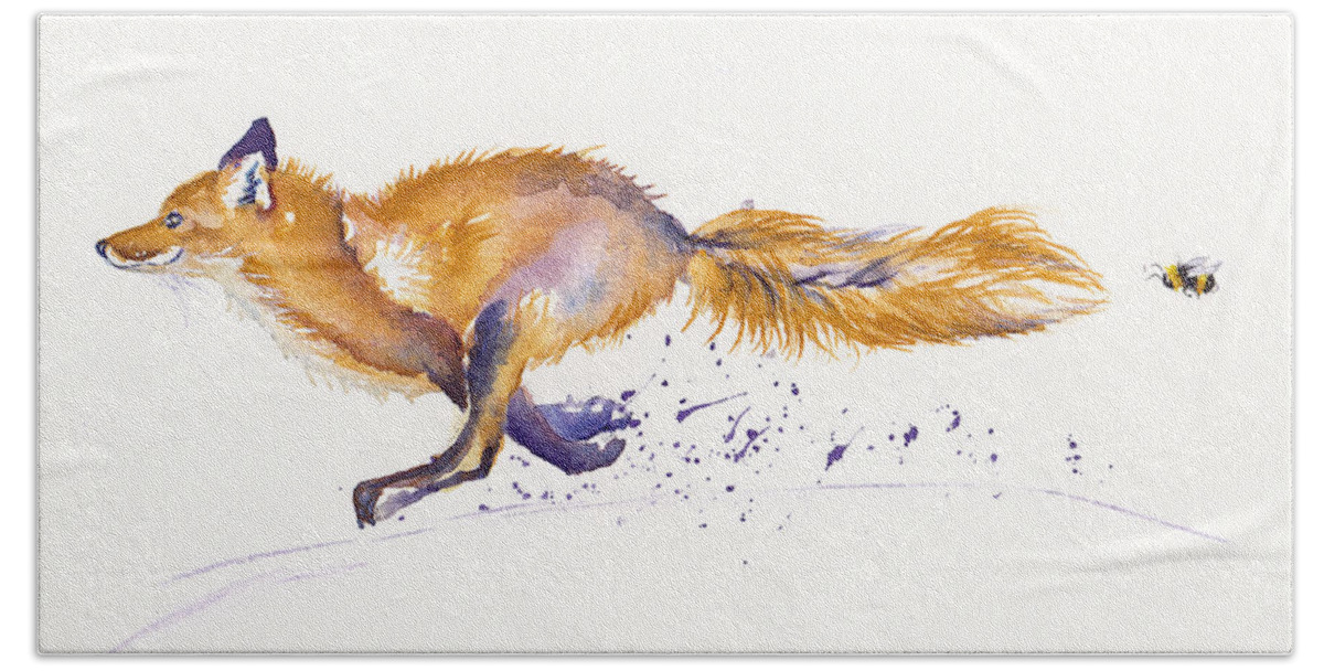 Fox Hand Towel featuring the painting Fleeing Fox - Bee Racing by Debra Hall