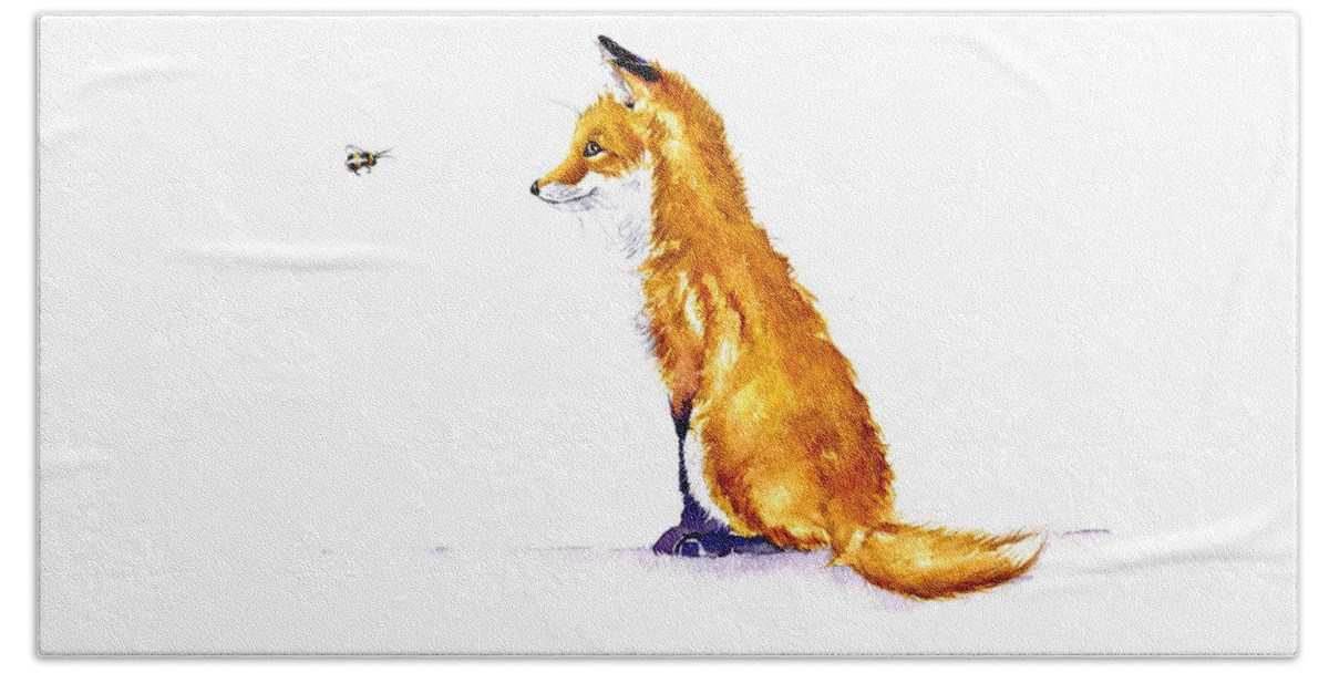 Fox Hand Towel featuring the painting Fox Cub - Bee Sweet by Debra Hall