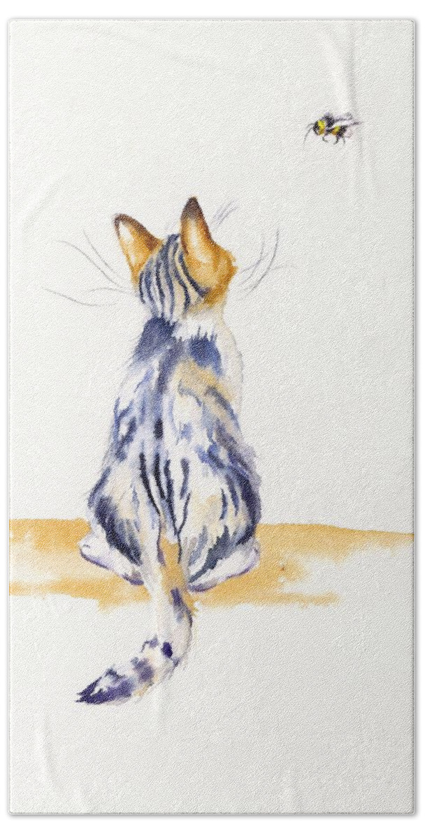 Cats Bath Towel featuring the painting Watercolour Kitten - Bee Watchful by Debra Hall