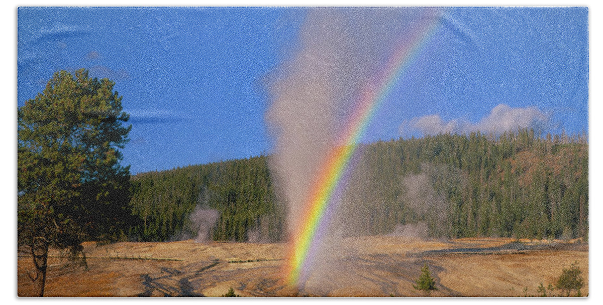 Beehive Geyser Hand Towel featuring the photograph Beehive Geyser Rainbow by Mark Miller