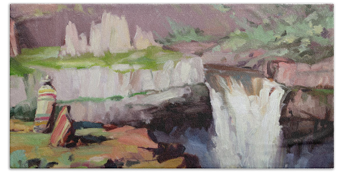 Waterfall Hand Towel featuring the painting Beholding Palouse Falls by Steve Henderson