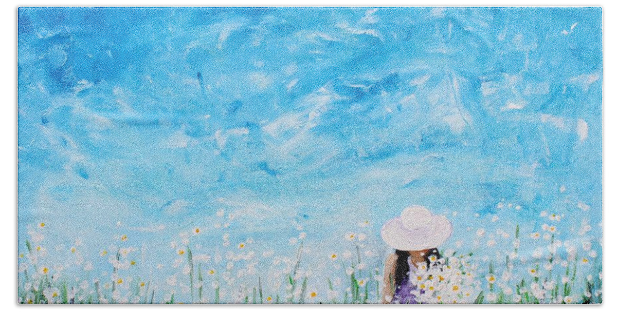 Being A Woman Bath Towel featuring the painting Being a Woman - #1 In a field of daisies by Kume Bryant