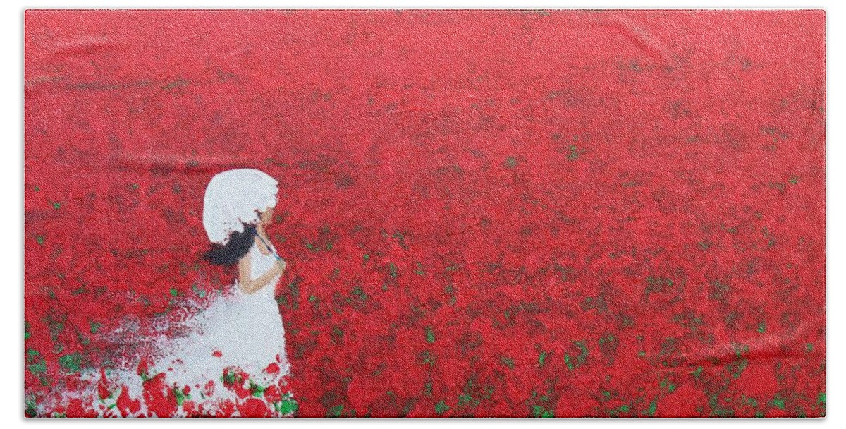 Being A Woman Bath Towel featuring the painting Being a Woman - #2 In a field of poppies by Kume Bryant