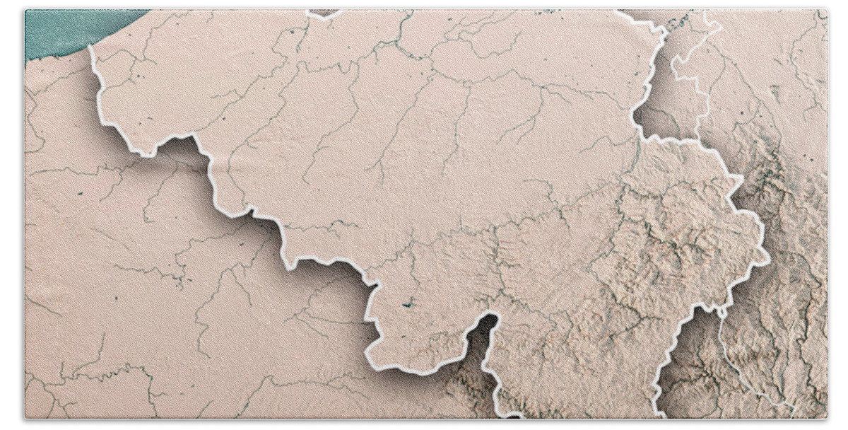 Belgium Bath Sheet featuring the digital art Belgium Country 3D Render Topographic Map Neutral Border by Frank Ramspott