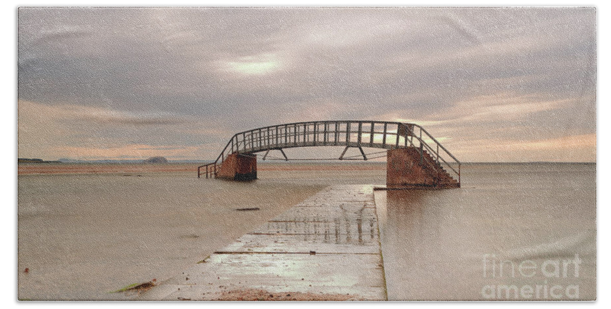 Bridge Bath Towel featuring the photograph Belhaven Stairs and The Bass at Low Tide by Maria Gaellman