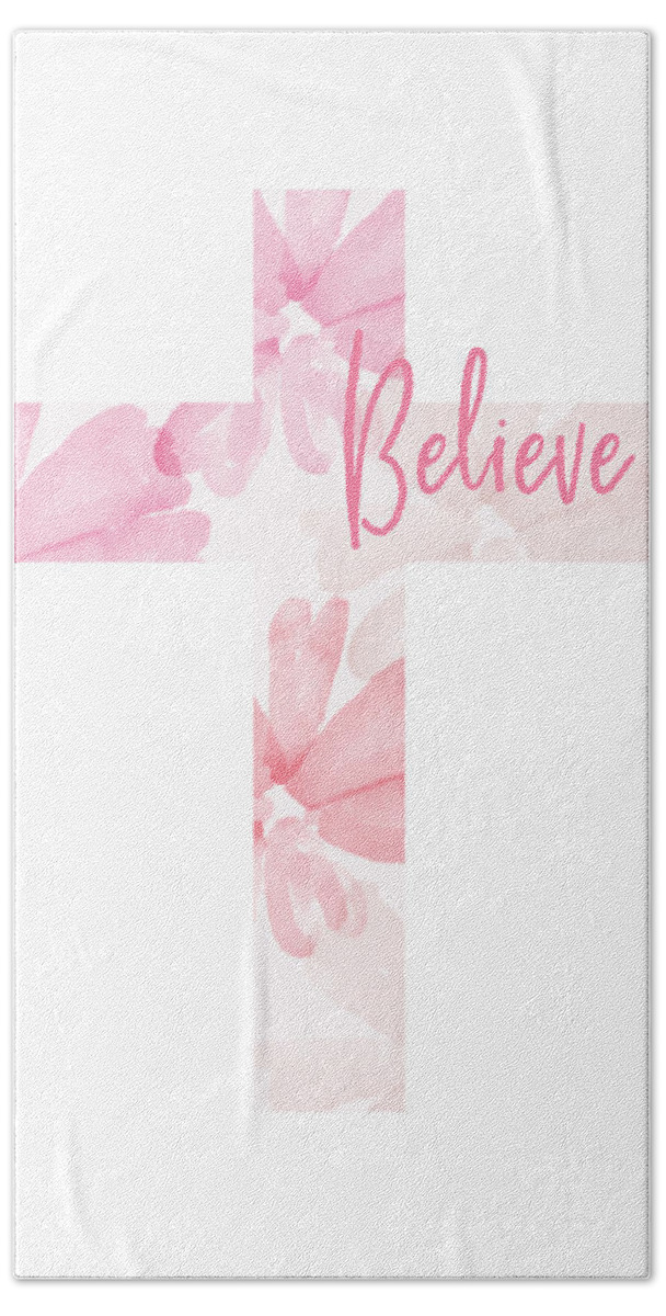 Cross Bath Sheet featuring the mixed media Believe Floral Cross- Art by Linda Woods by Linda Woods