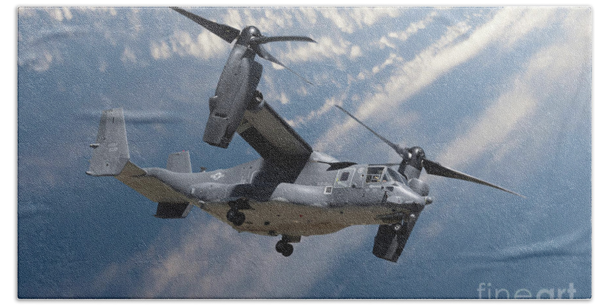 Osprey Bath Towel featuring the photograph Bell Boeing Osprey V-22 helicopter close up view flying by Simon Bratt