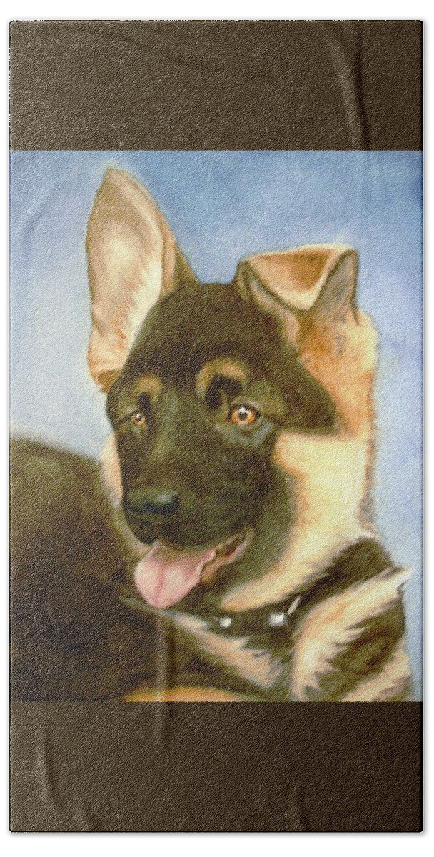 German Shepherd Puppy Bath Towel featuring the painting Bella by Marilyn Jacobson