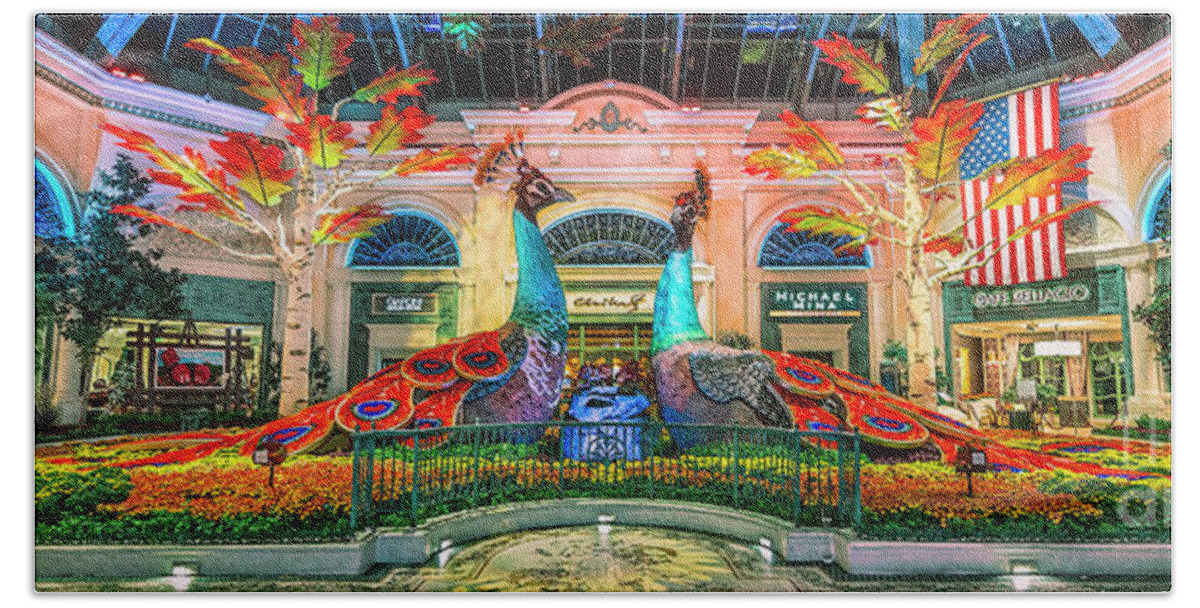 Bellagio Conservatory Hand Towel featuring the photograph Bellagio Conservatory Fall Peacock Display Panorama 3 to 1 Ratio by Aloha Art