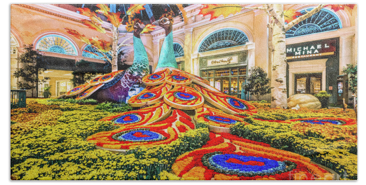 Bellagio Conservatory Bath Towel featuring the photograph Bellagio Conservatory Fall Peacock Display Side View Wide 2017 by Aloha Art