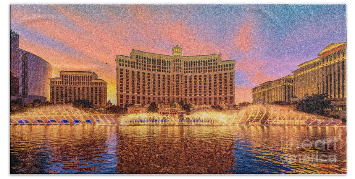 Bellagio Bath Towel featuring the photograph Bellagio Fountains Warm Sunset 2 to 1 Ratio by Aloha Art